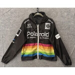 Polaroid‎ Full Zip Hoodie Windbreaker Womens Sz L Black Rainbow Logo